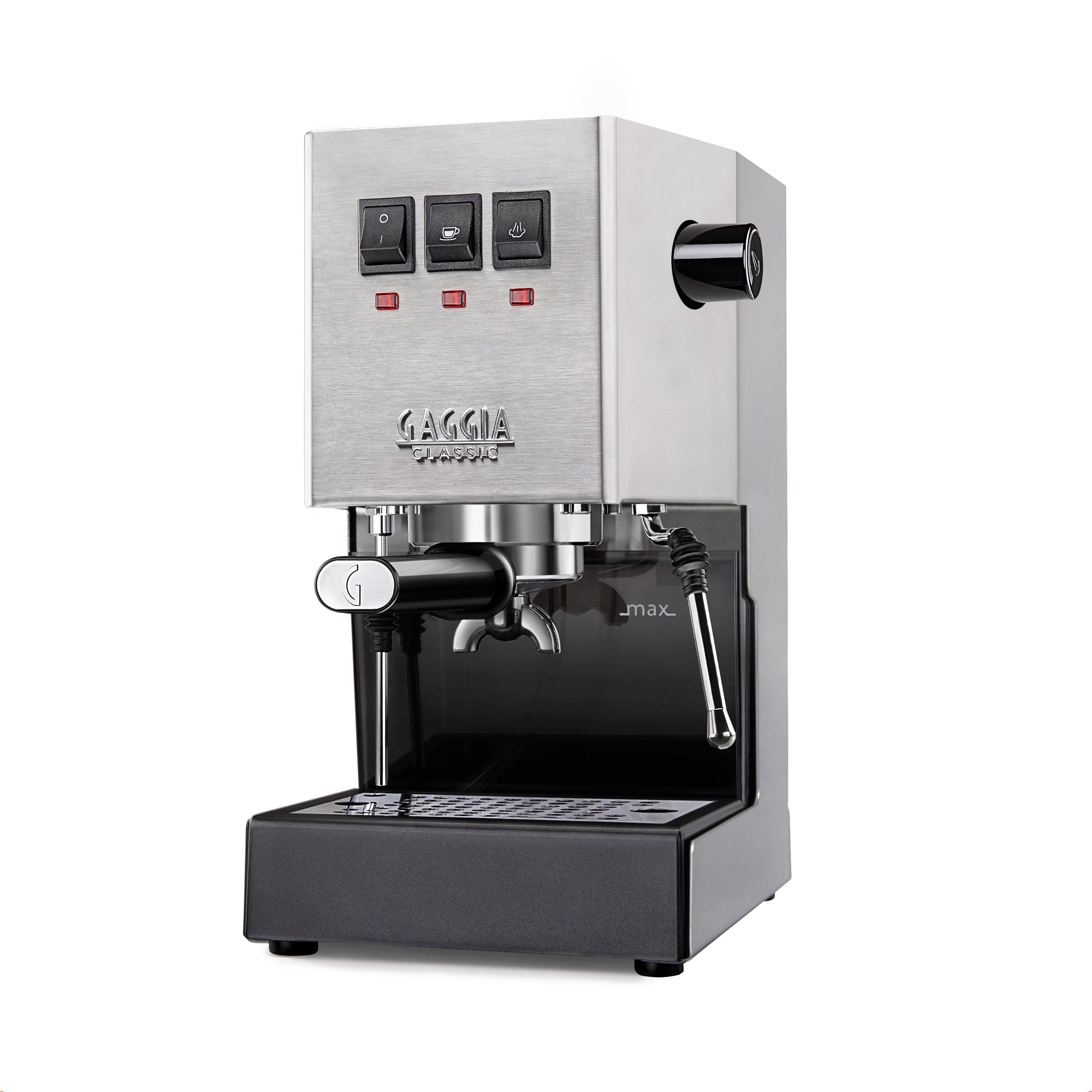 Gaggia Classic stainless steel home espresso machine, traditional single-boiler design for beginner to intermediate baristas.